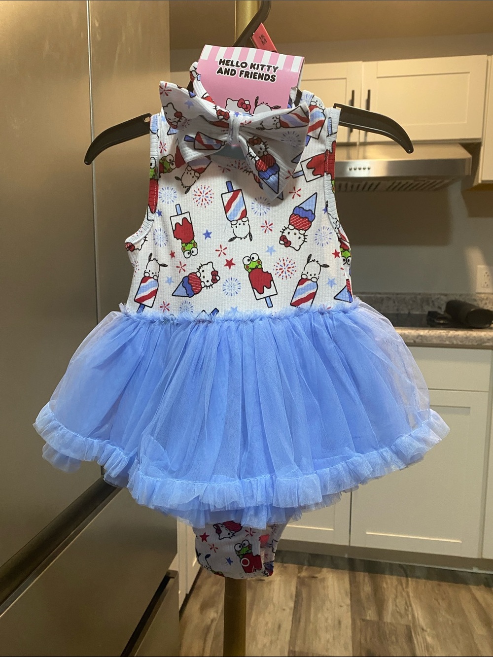 Hello Kitty Light Blue Tulle Bib Dress with Printed Bodice and Bow 18 months NWT